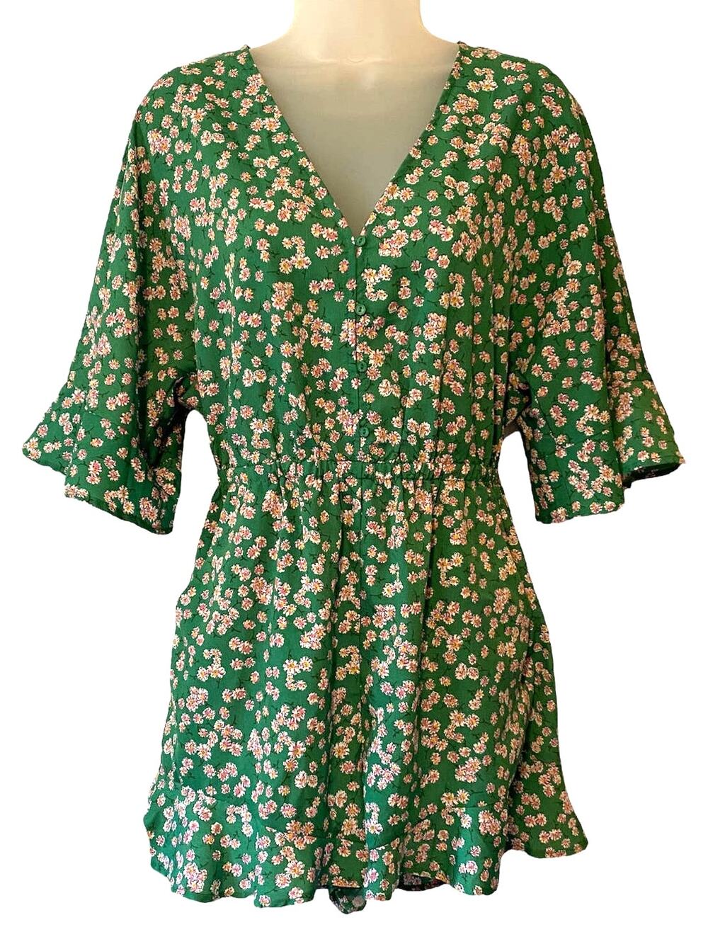 Lush Women's Green Floral Ruffle Hem Keyhole Open Back Romper Size Small